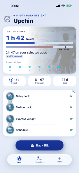 Upchin’s home screen: one hour forty-two reclaimed over the last twenty-four hours, the streak of successful days, and the four protections switched on.